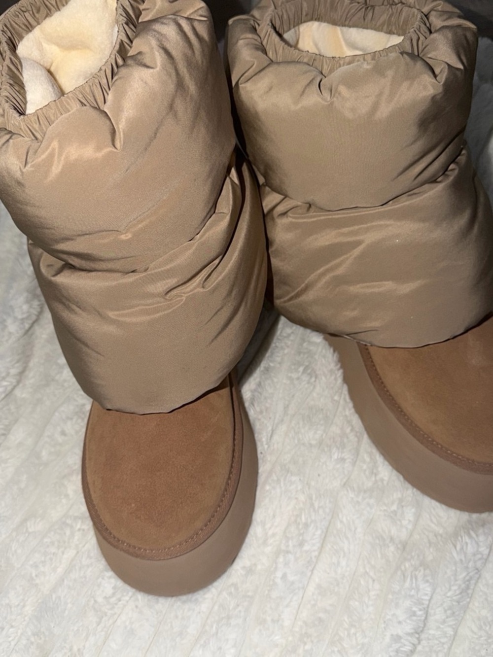UGG Tan Puffer Winter Boots with Suede Toe